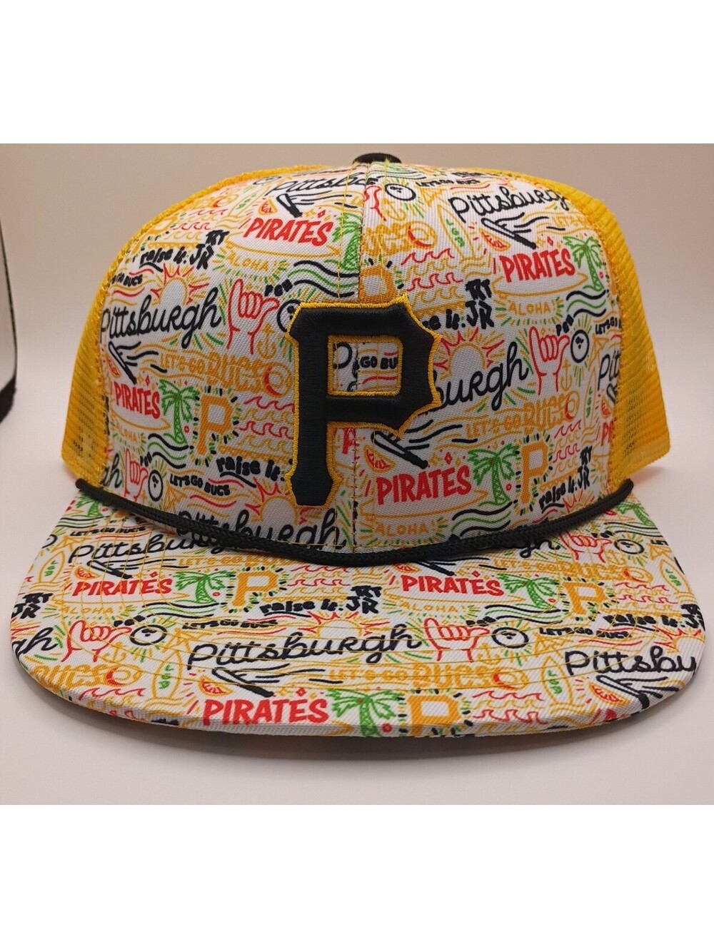 New Era Pittsburgh Pirates All Over Print Trucker Snapback Hat Cap MLB Yellow!!!
